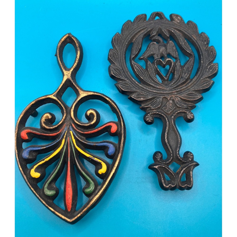 Trivet Set Black Heart Eagle Cast Iron Vintage 2pc Small